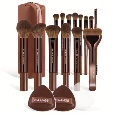 Maange Ensemble de pinceaux de maquillage professionnel 14 pièces +2 houpette Brown + Pochette