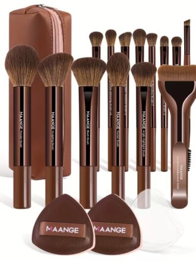 Maange Ensemble de pinceaux de maquillage professionnel 14 pièces +2 houpette Brown + Pochette