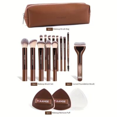 Maange Ensemble de pinceaux de maquillage professionnel 14 pièces +2 houpette Brown + Pochette
