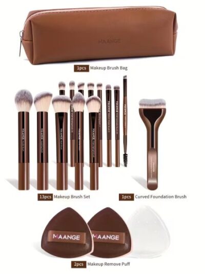 Maange Ensemble de pinceaux de maquillage professionnel 14 pièces +2 houpette Brown + Pochette